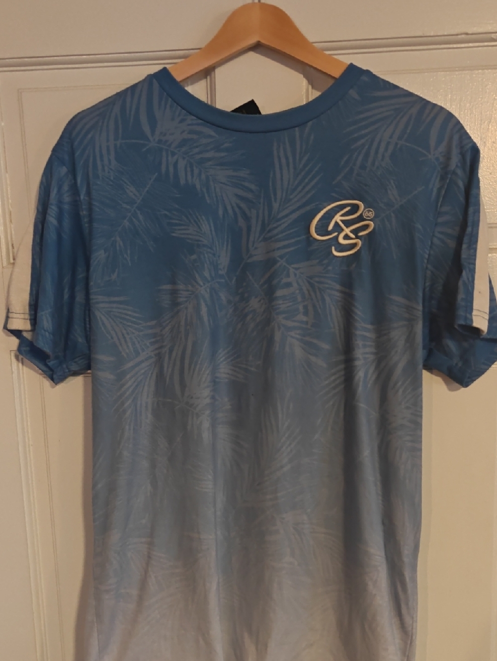 Men's Blue Palm-Print Short Sleeve Tee with Logo